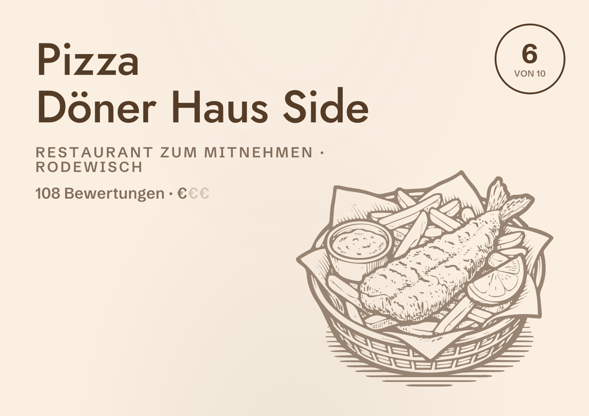 Illustriertes Poster von Pizza Döner Haus Side, Restaurant zum Mitnehmen in Rodewisch: Bewertung 6 von 10 aus 108 Bewertungen, Preisniveau €