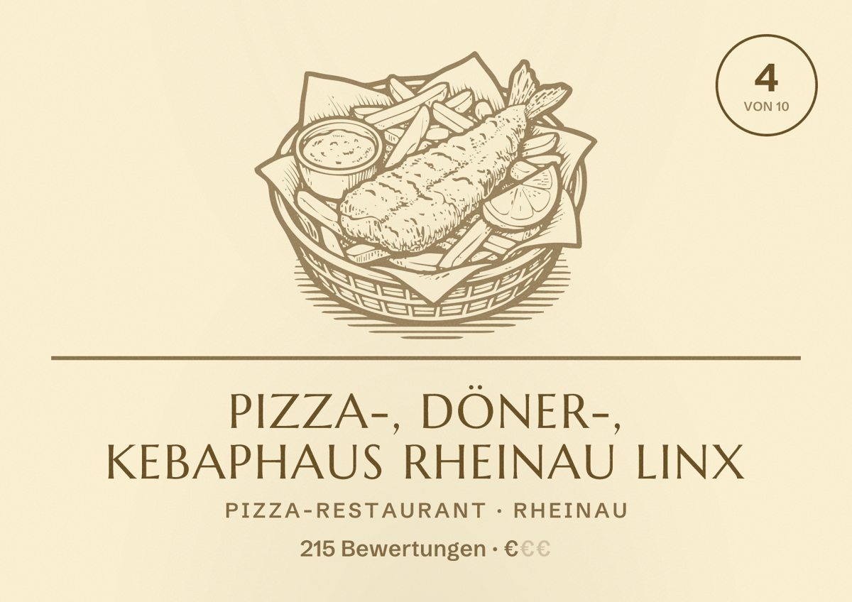 Illustriertes Poster von PIZZA-, DÖNER-, KEBAPHAUS RHEINAU LINX, Pizza-Restaurant in Rheinau: Bewertung 4 von 10 aus 215 Bewertungen, Preisniveau €