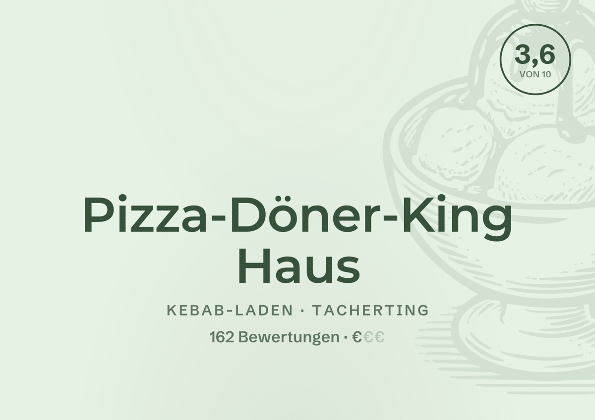 Illustriertes Poster von Pizza-Döner-King Haus, Kebab-Laden in Tacherting: Bewertung 3,6 von 10 aus 162 Bewertungen, Preisniveau €