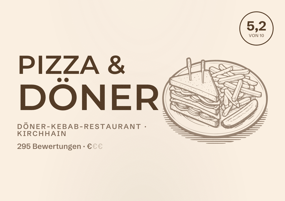 Illustriertes Poster von Pizza & Döner, Döner-Kebab-Restaurant in Kirchhain: Bewertung 5,2 von 10 aus 295 Bewertungen, Preisniveau €