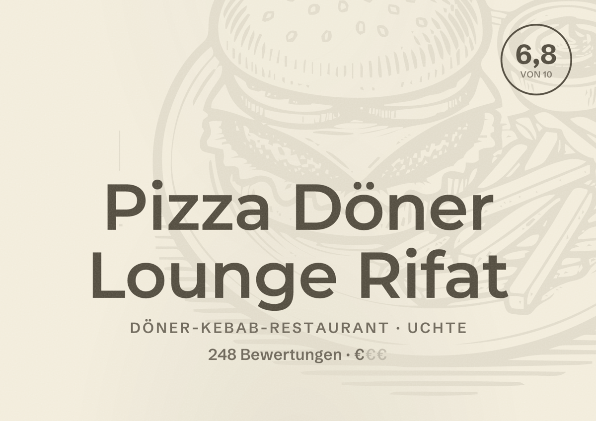 Illustriertes Poster von Pizza Döner Lounge Rifat, Döner-Kebab-Restaurant in Uchte: Bewertung 6,8 von 10 aus 248 Bewertungen, Preisniveau €