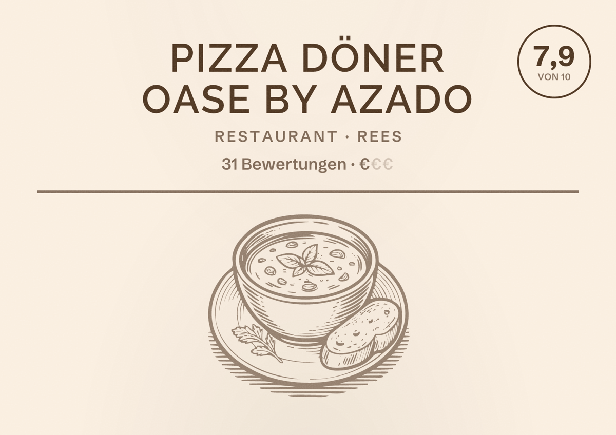 Illustriertes Poster von Pizza Döner Oase by Azado, Restaurant in Rees: Bewertung 7,9 von 10 aus 31 Bewertungen, Preisniveau €