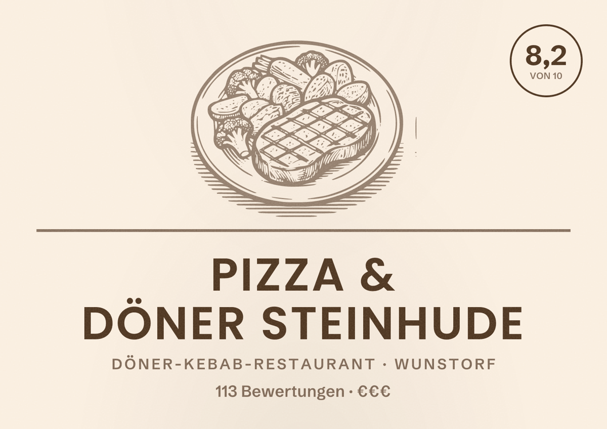 Illustriertes Poster von Pizza & Döner steinhude, Döner-Kebab-Restaurant in Wunstorf: Bewertung 8,2 von 10 aus 113 Bewertungen, Preisniveau €€€
