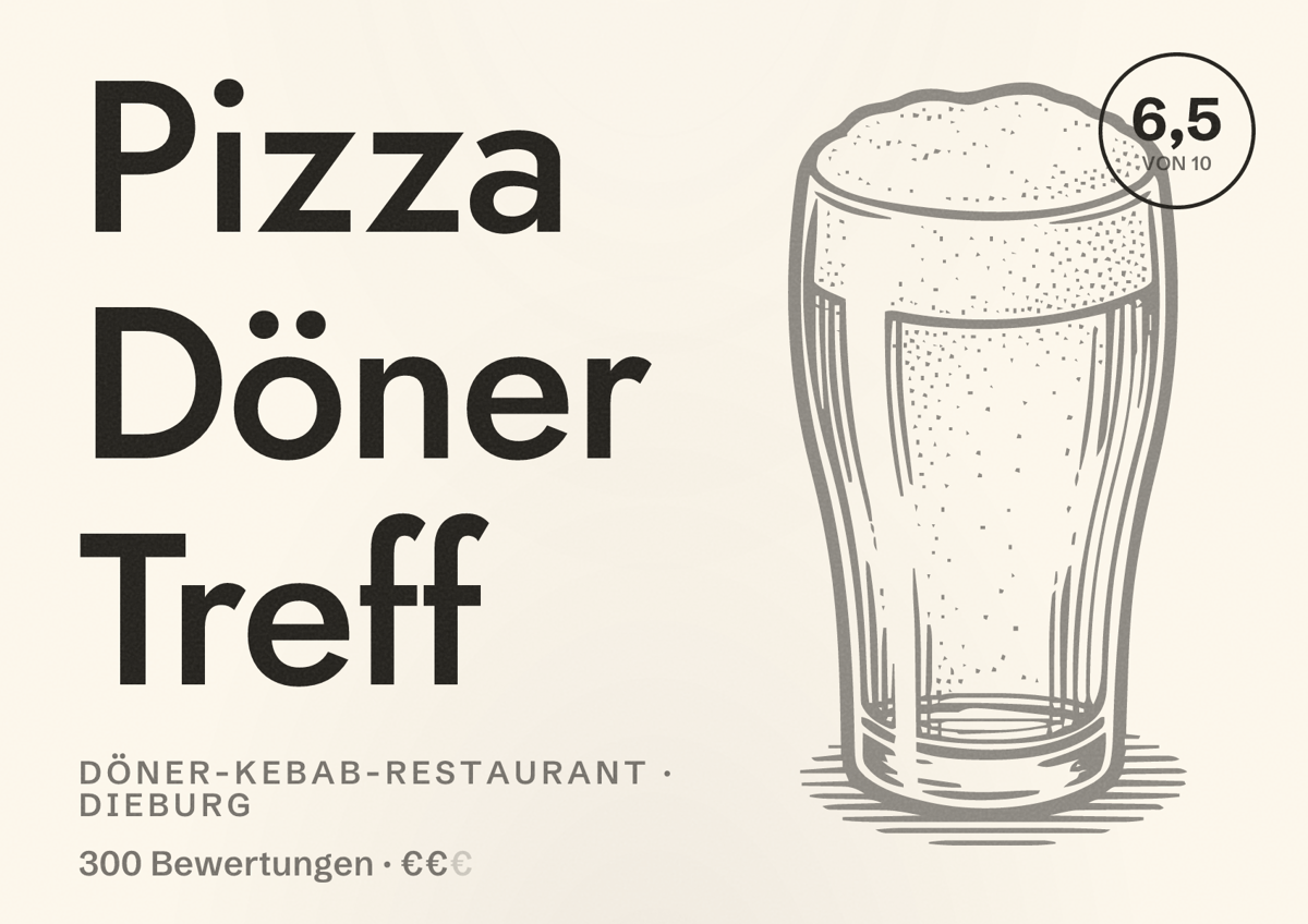 Illustriertes Poster von Pizza Döner Treff, Döner-Kebab-Restaurant in Dieburg: Bewertung 6,5 von 10 aus 300 Bewertungen, Preisniveau €€