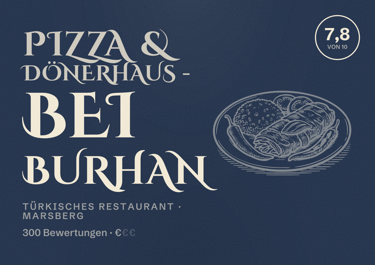 Illustriertes Poster von Pizza & Dönerhaus - Bei Burhan, Türkisches Restaurant in Marsberg: Bewertung 7,8 von 10 aus 300 Bewertungen, Preisniveau €