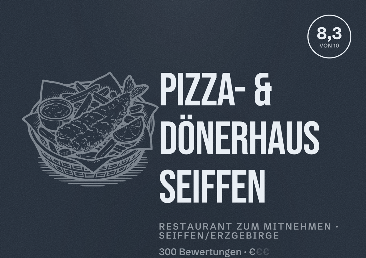 Illustriertes Poster von Pizza- & Dönerhaus Seiffen, Restaurant zum Mitnehmen in Seiffen/Erzgebirge: Bewertung 8,3 von 10 aus 300 Bewertungen, Preisniveau €