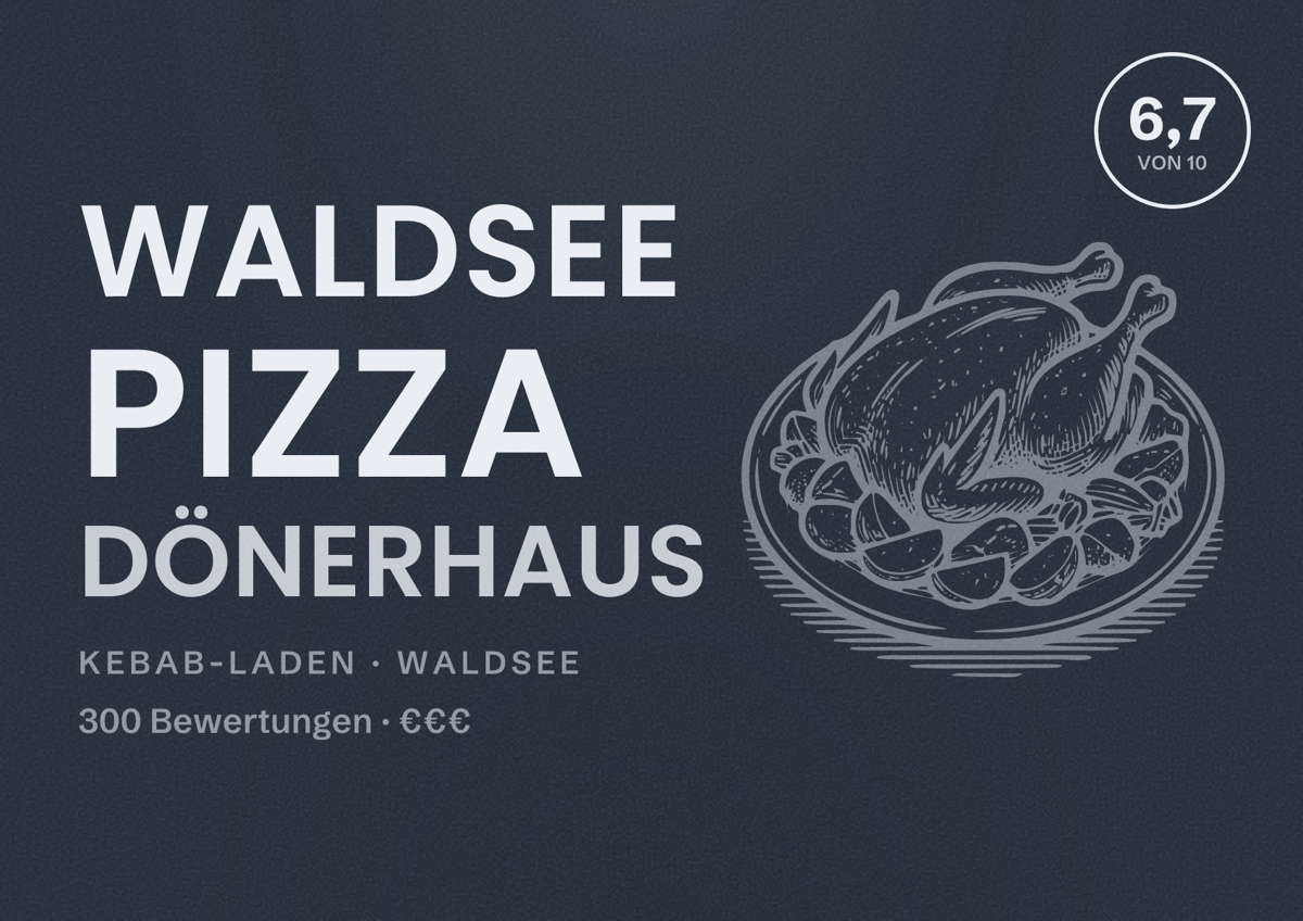 Illustriertes Poster von Waldsee Pizza Dönerhaus, Kebab-Laden in Waldsee: Bewertung 6,7 von 10 aus 300 Bewertungen, Preisniveau €€€