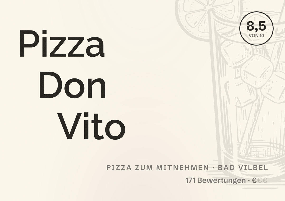 Illustriertes Poster von Pizza Don Vito, Pizza zum Mitnehmen in Bad Vilbel: Bewertung 8,5 von 10 aus 171 Bewertungen, Preisniveau €