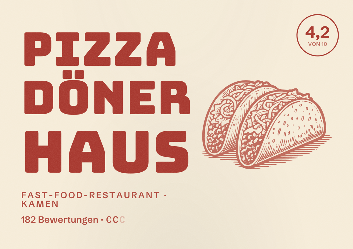 Illustriertes Poster von Pizza Döner Haus, Fast-Food-Restaurant in Kamen: Bewertung 4,2 von 10 aus 182 Bewertungen, Preisniveau €€
