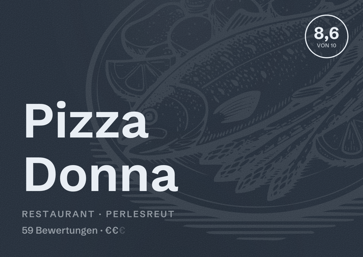 Illustriertes Poster von Pizza Donna, Restaurant in Perlesreut: Bewertung 8,6 von 10 aus 59 Bewertungen, Preisniveau €€