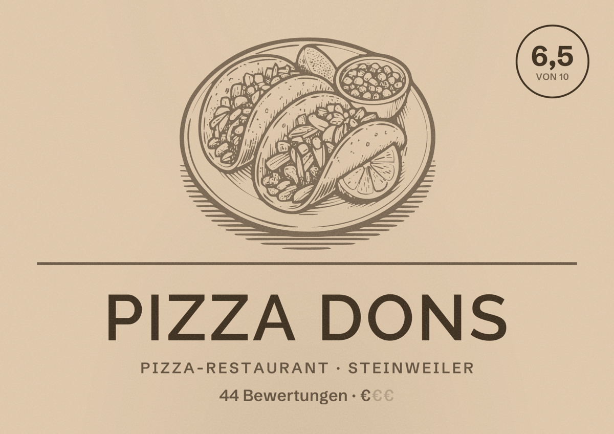Illustriertes Poster von Pizza Dons, Pizza-Restaurant in Steinweiler: Bewertung 6,5 von 10 aus 44 Bewertungen, Preisniveau €