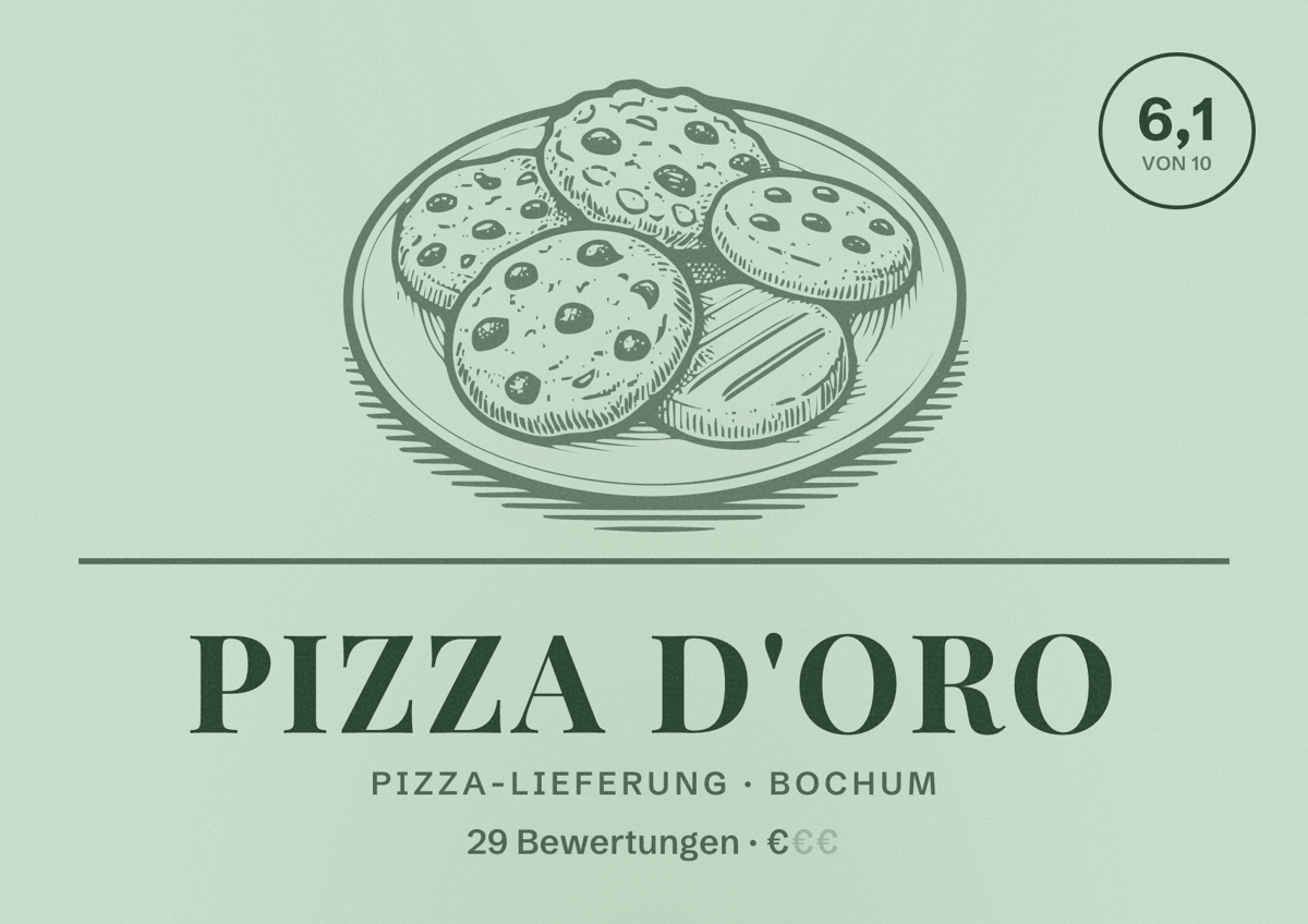 Illustriertes Poster von Pizza D'Oro, Pizza-Lieferung in Bochum: Bewertung 6,1 von 10 aus 29 Bewertungen, Preisniveau €