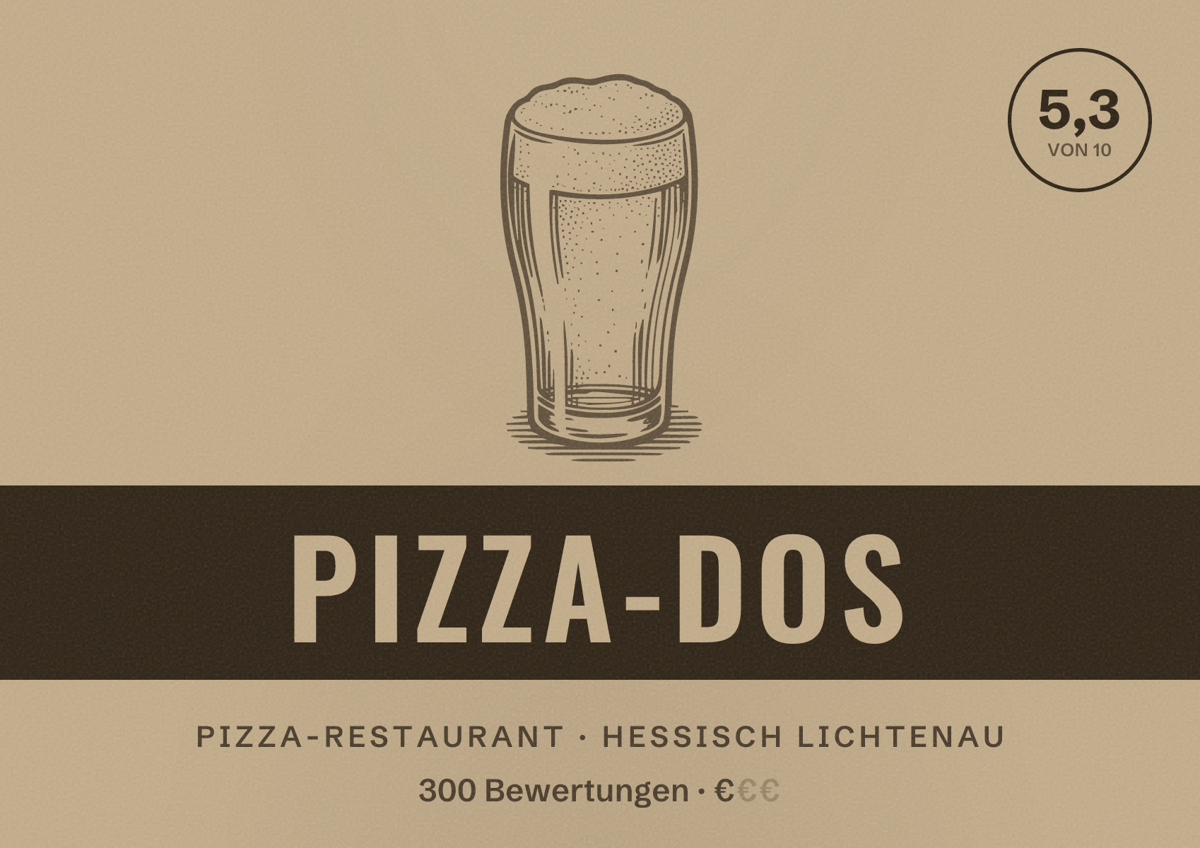 Illustriertes Poster von Pizza-Dos, Pizza-Restaurant in Hessisch Lichtenau: Bewertung 5,3 von 10 aus 300 Bewertungen, Preisniveau €