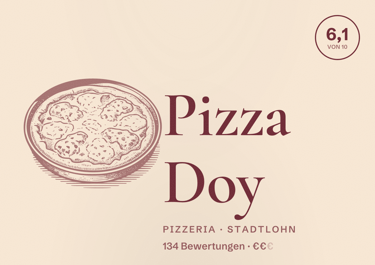 Illustriertes Poster von Pizza Doy, Pizzeria in Stadtlohn: Bewertung 6,1 von 10 aus 134 Bewertungen, Preisniveau €€