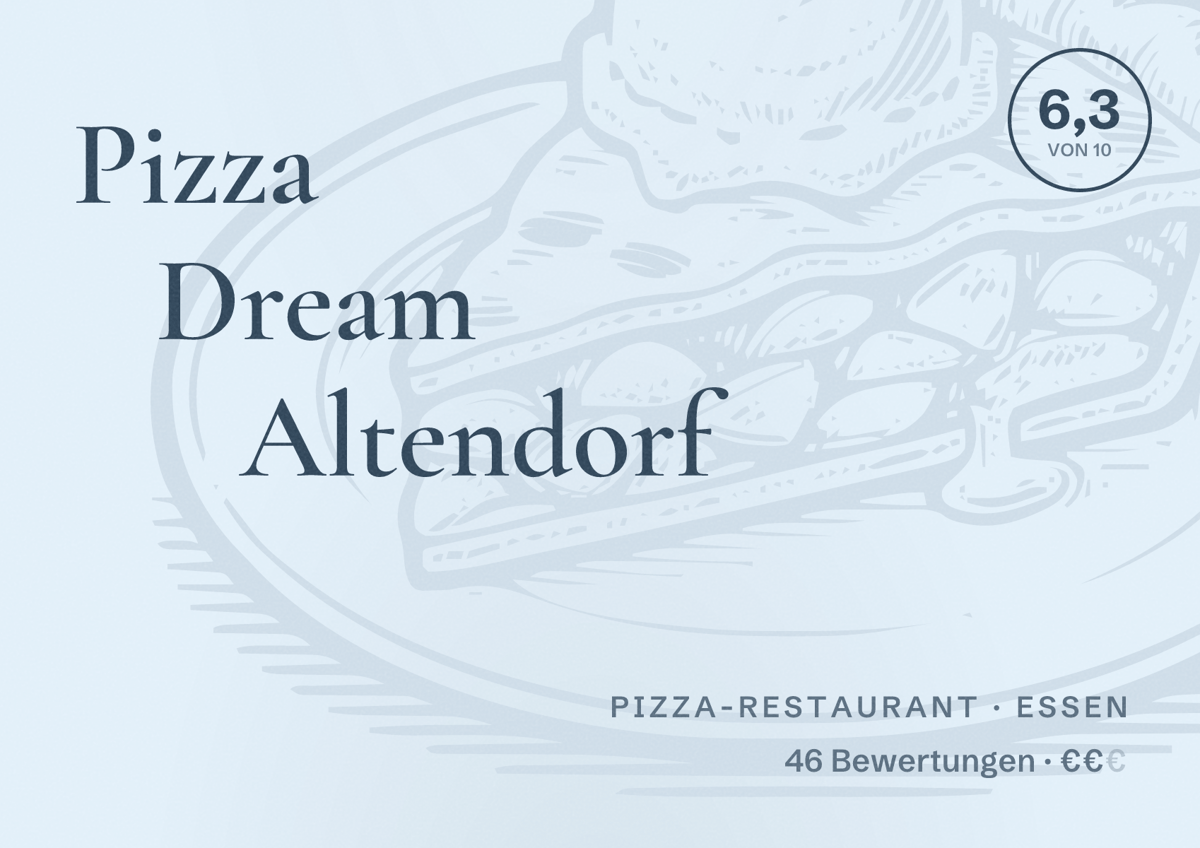 Illustriertes Poster von Pizza Dream Altendorf, Pizza-Restaurant in Essen: Bewertung 6,3 von 10 aus 46 Bewertungen, Preisniveau €€