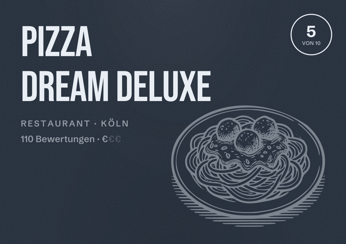 Illustriertes Poster von Pizza Dream Deluxe, Restaurant in Köln: Bewertung 5,0 von 10 aus 110 Bewertungen, Preisniveau €