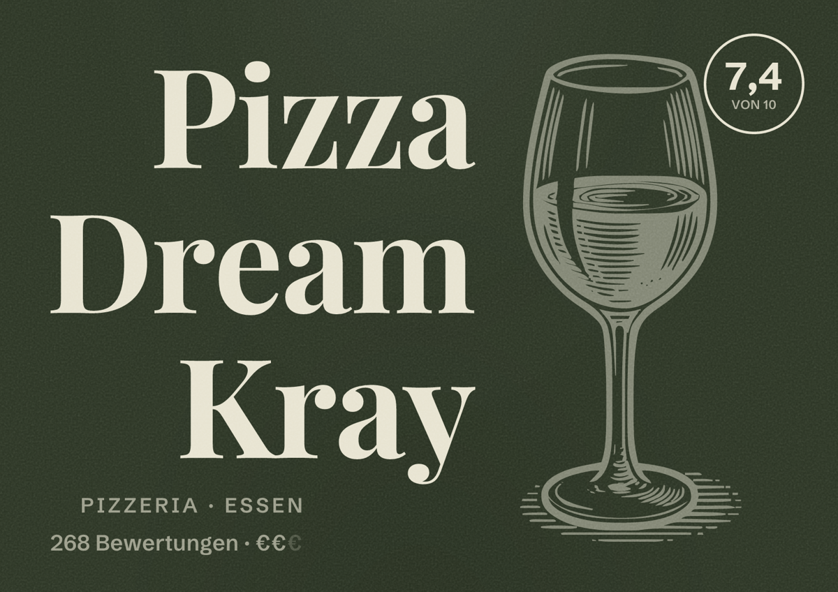 Illustriertes Poster von Pizza Dream Kray, Pizzeria in Essen: Bewertung 7,4 von 10 aus 268 Bewertungen, Preisniveau €€