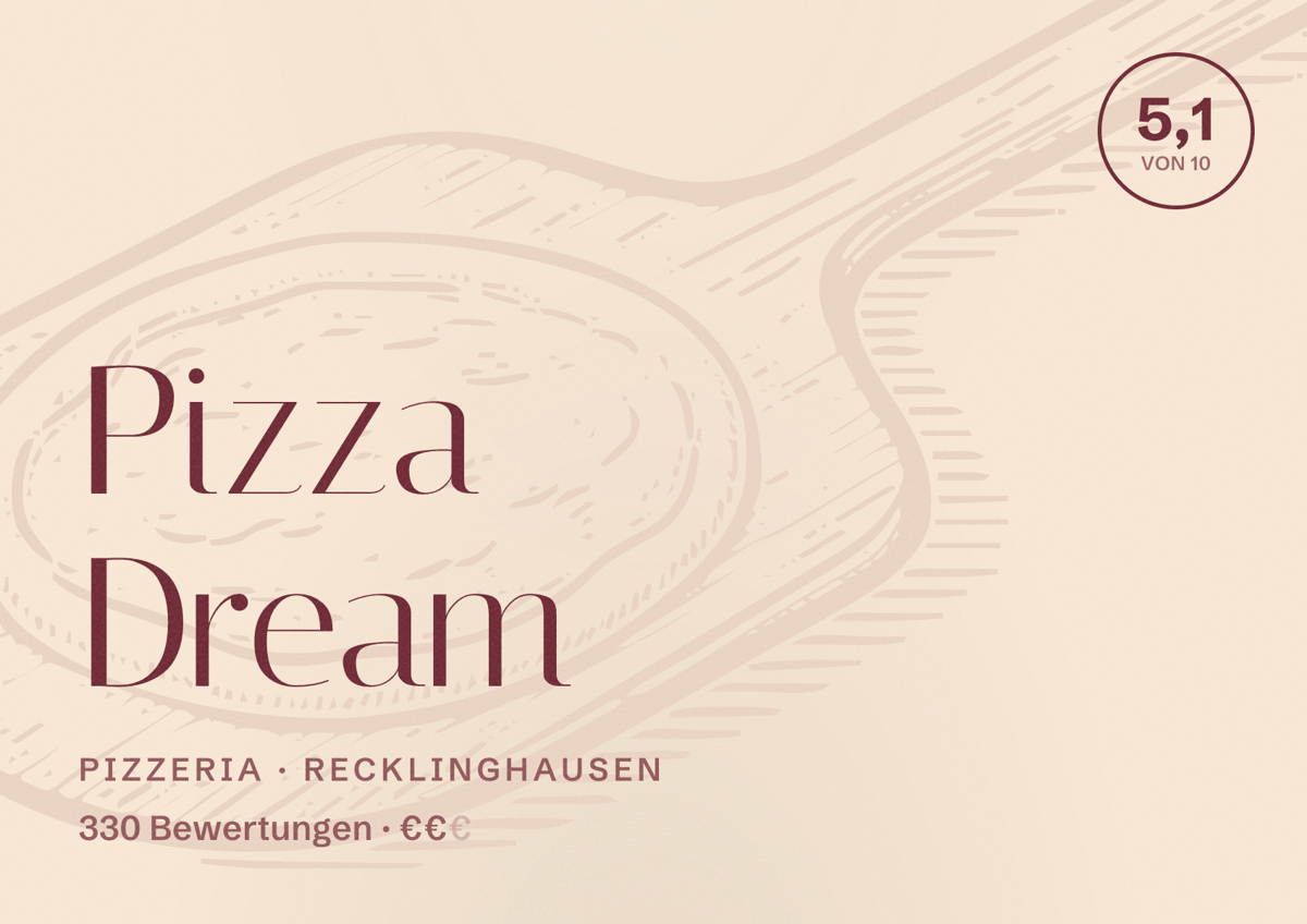 Illustriertes Poster von Pizza Dream, Pizzeria in Recklinghausen: Bewertung 5,1 von 10 aus 330 Bewertungen, Preisniveau €€