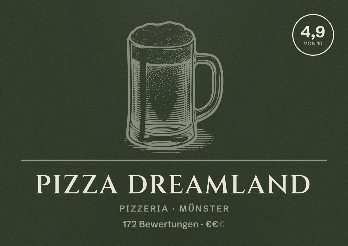 Illustriertes Poster von Pizza dreamland, Pizzeria in Münster: Bewertung 4,9 von 10 aus 172 Bewertungen, Preisniveau €€