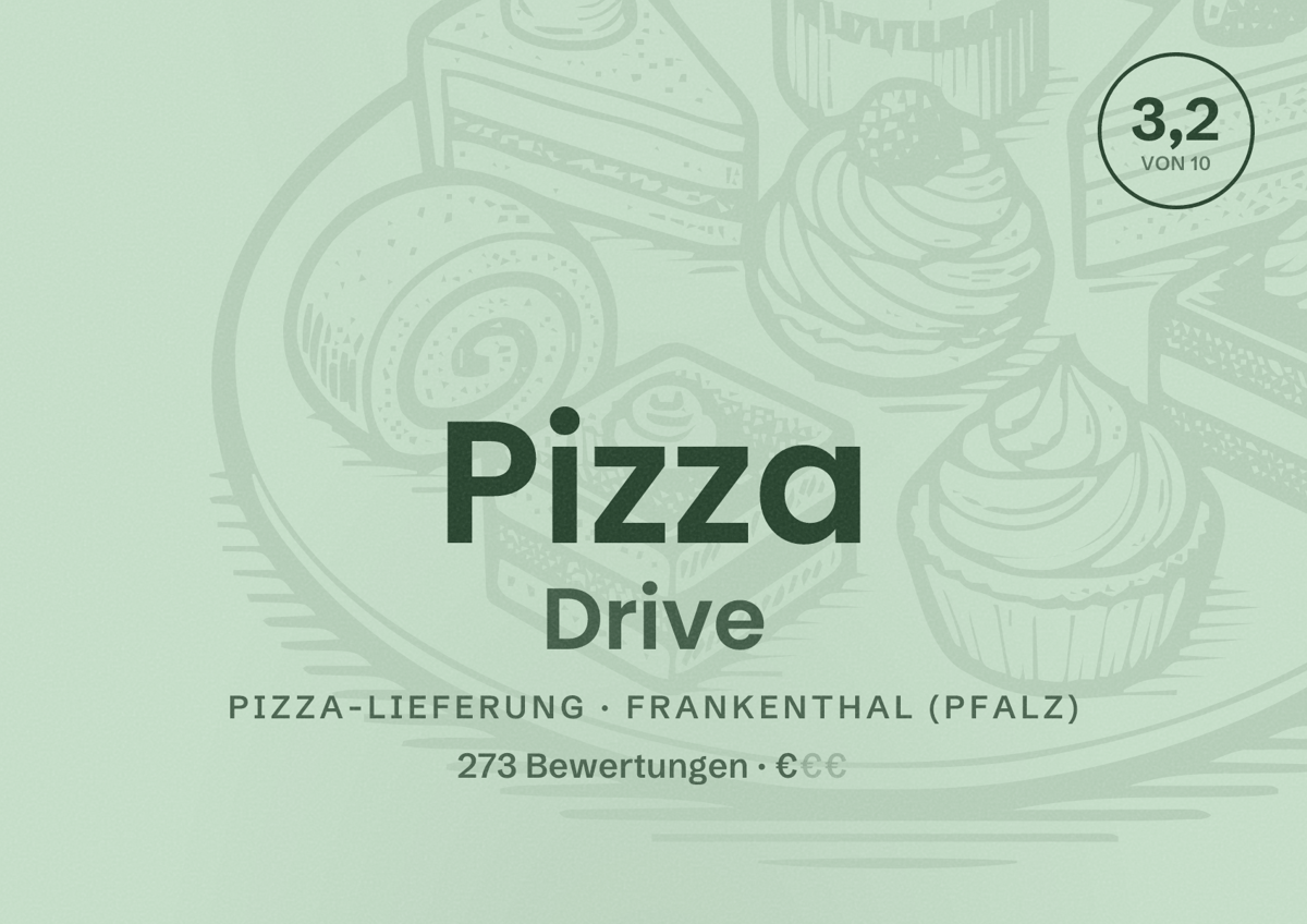 Illustriertes Poster von Pizza Drive, Pizza-Lieferung in Frankenthal (Pfalz): Bewertung 3,2 von 10 aus 273 Bewertungen, Preisniveau €