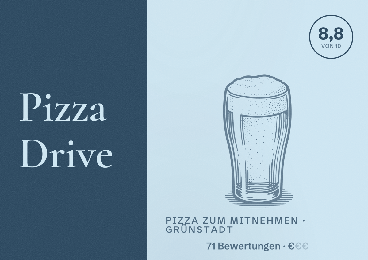 Illustriertes Poster von Pizza Drive, Pizza zum Mitnehmen in Grünstadt: Bewertung 8,8 von 10 aus 71 Bewertungen, Preisniveau €