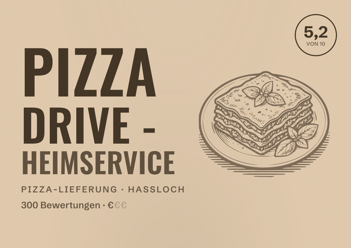 Illustriertes Poster von Pizza Drive - Heimservice, Pizza-Lieferung in Haßloch: Bewertung 5,2 von 10 aus 300 Bewertungen, Preisniveau €