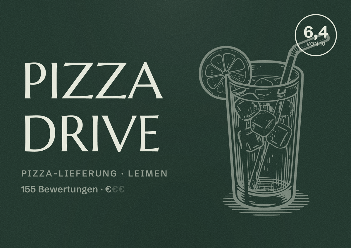 Illustriertes Poster von Pizza Drive, Pizza-Lieferung in Leimen: Bewertung 6,4 von 10 aus 155 Bewertungen, Preisniveau €