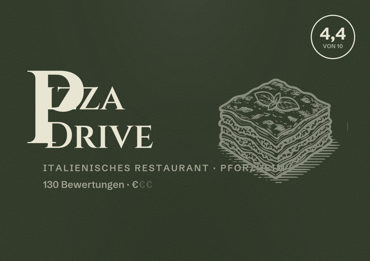 Illustriertes Poster von Pizza Drive, Italienisches Restaurant in Pforzheim: Bewertung 4,4 von 10 aus 130 Bewertungen, Preisniveau €