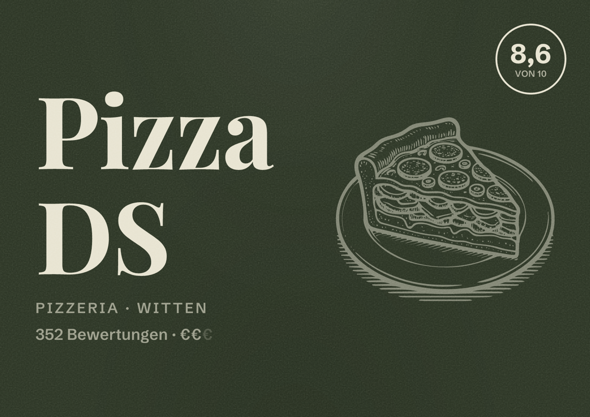 Illustriertes Poster von Pizza DS, Pizzeria in Witten: Bewertung 8,6 von 10 aus 352 Bewertungen, Preisniveau €€