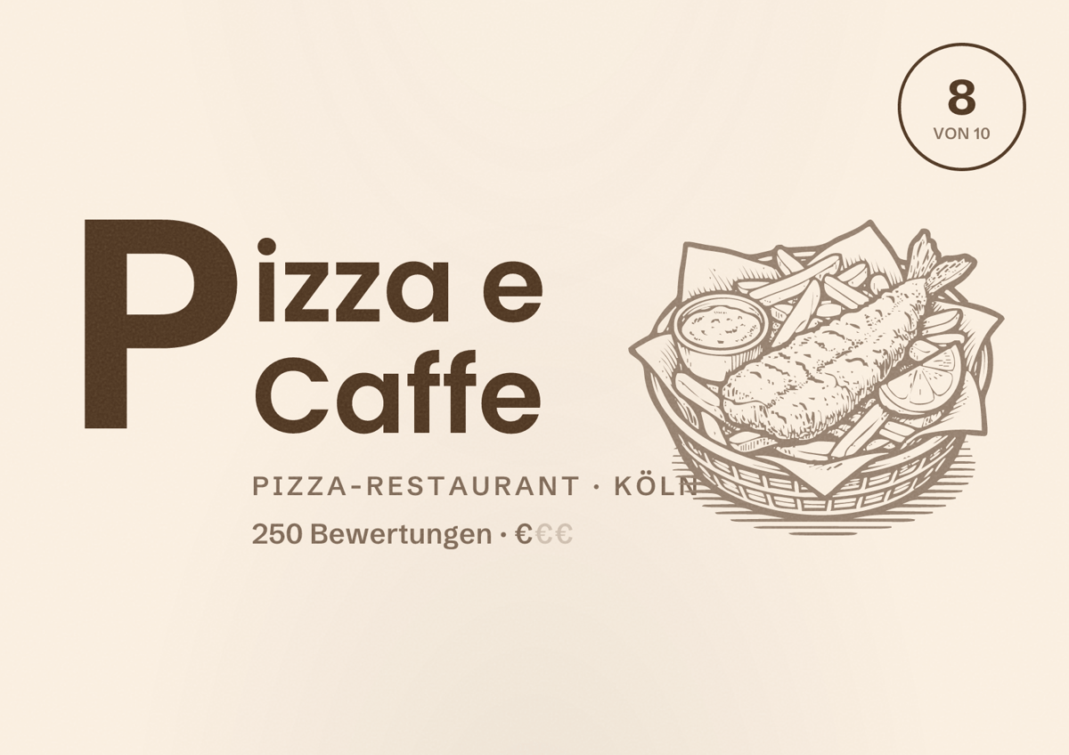 Illustriertes Poster von Pizza e Caffe, Pizza-Restaurant in Köln: Bewertung 8 von 10 aus 250 Bewertungen, Preisniveau €