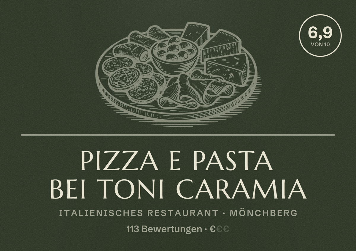 Illustriertes Poster von Pizza e Pasta bei Toni Caramia, Italienisches Restaurant in Mönchberg: Bewertung 6,9 von 10 aus 113 Bewertungen, Preisniveau €