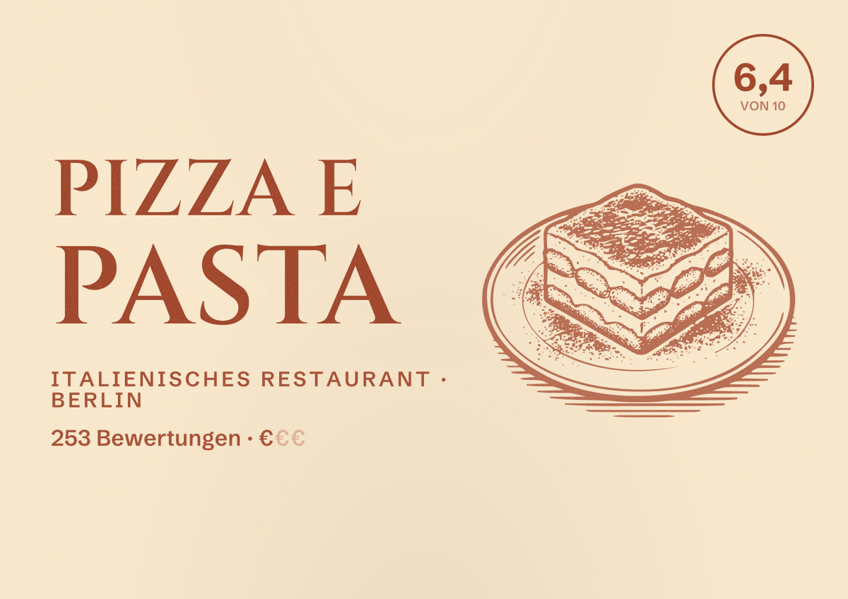 Illustriertes Poster von Pizza e Pasta, Italienisches Restaurant in Berlin: Bewertung 6,4 von 10 aus 253 Bewertungen, Preisniveau €