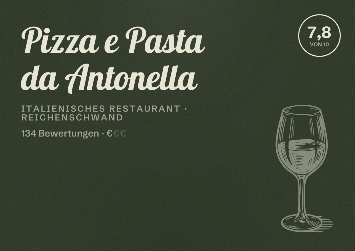 Illustriertes Poster von Pizza e Pasta da Antonella, Italienisches Restaurant in Reichenschwand: Bewertung 7,8 von 10 aus 134 Bewertungen, Preisniveau €