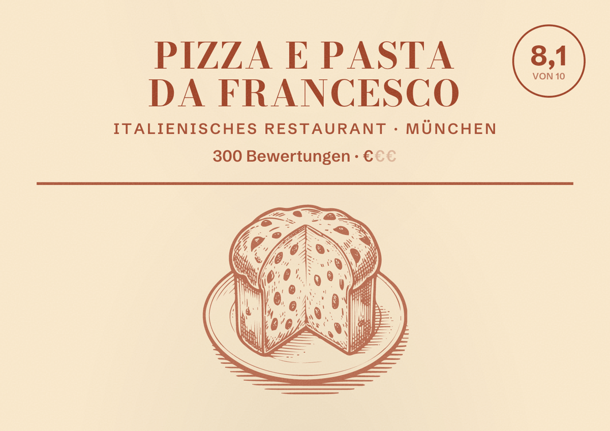 Illustriertes Poster von Pizza e Pasta da Francesco, Italienisches Restaurant in München: Bewertung 8,1 von 10 aus 300 Bewertungen, Preisniveau €
