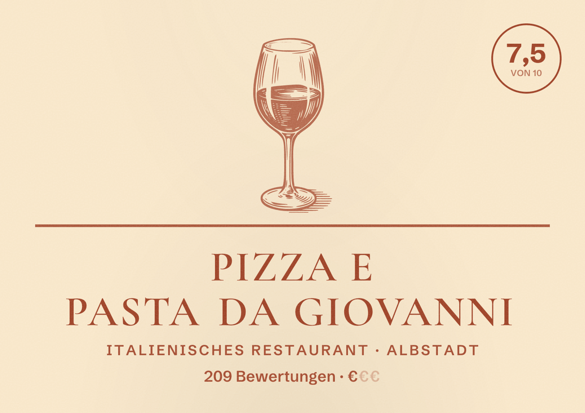 Illustriertes Poster von Pizza e Pasta DA GIOVANNI, Italienisches Restaurant in Albstadt: Bewertung 7,5 von 10 aus 209 Bewertungen, Preisniveau €