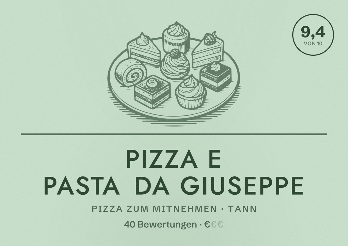 Illustriertes Poster von Pizza e pasta da Giuseppe, Pizza zum Mitnehmen in Tann: Bewertung 9,4 von 10 aus 40 Bewertungen, Preisniveau €