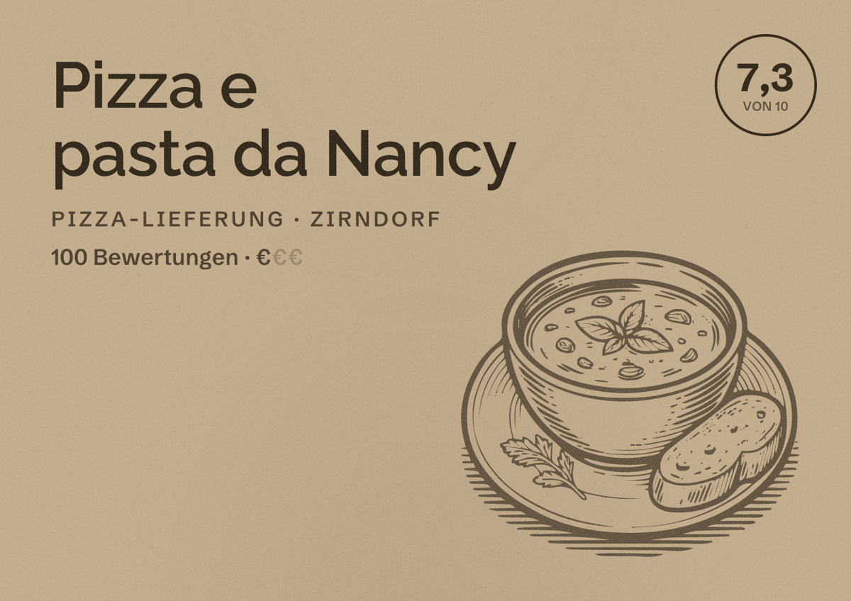 Illustriertes Poster von Pizza e pasta da Nancy, Pizza-Lieferung in Zirndorf: Bewertung 7,3 von 10 aus 100 Bewertungen, Preisniveau €