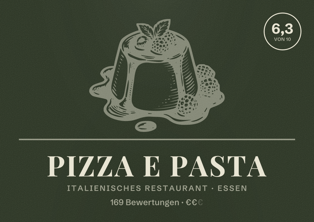 Illustriertes Poster von Pizza e Pasta, Italienisches Restaurant in Essen: Bewertung 6,3 von 10 aus 169 Bewertungen, Preisniveau €€