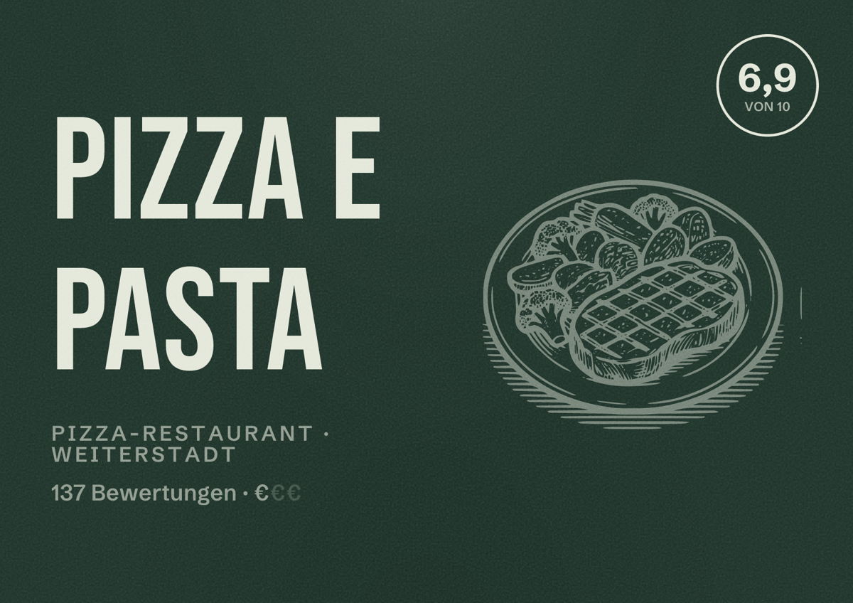 Illustriertes Poster von Pizza e Pasta, Pizza-Restaurant in Weiterstadt: Bewertung 6,9 von 10 aus 137 Bewertungen, Preisniveau €