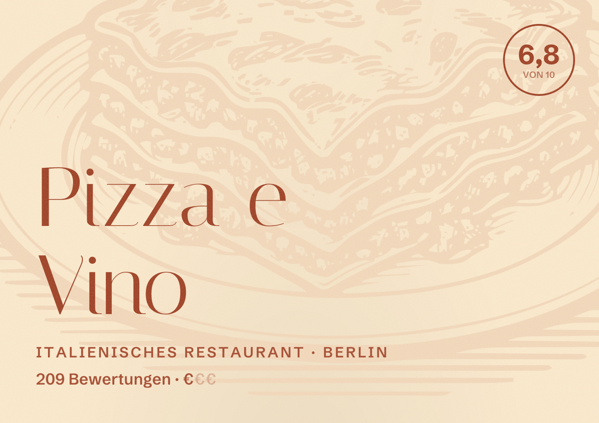 Illustriertes Poster von Pizza e Vino, Italienisches Restaurant in Berlin: Bewertung 6,8 von 10 aus 209 Bewertungen, Preisniveau €