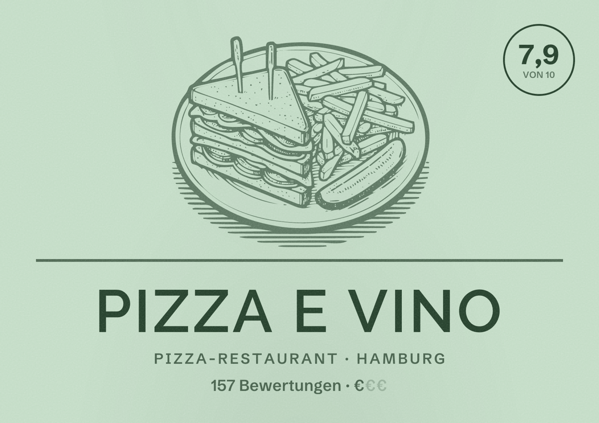 Illustriertes Poster von Pizza e Vino, Pizza-Restaurant in Hamburg: Bewertung 7,9 von 10 aus 157 Bewertungen, Preisniveau €