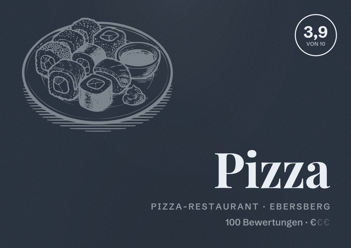 Illustriertes Poster von Pizza, Pizza-Restaurant in Ebersberg: Bewertung 3,9 von 10 aus 100 Bewertungen, Preisniveau €