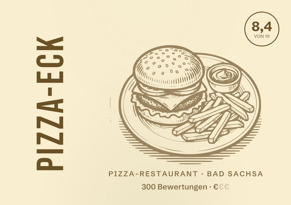Illustriertes Poster von Pizza-Eck, Pizza-Restaurant in Bad Sachsa: Bewertung 8,4 von 10 aus 300 Bewertungen, Preisniveau €