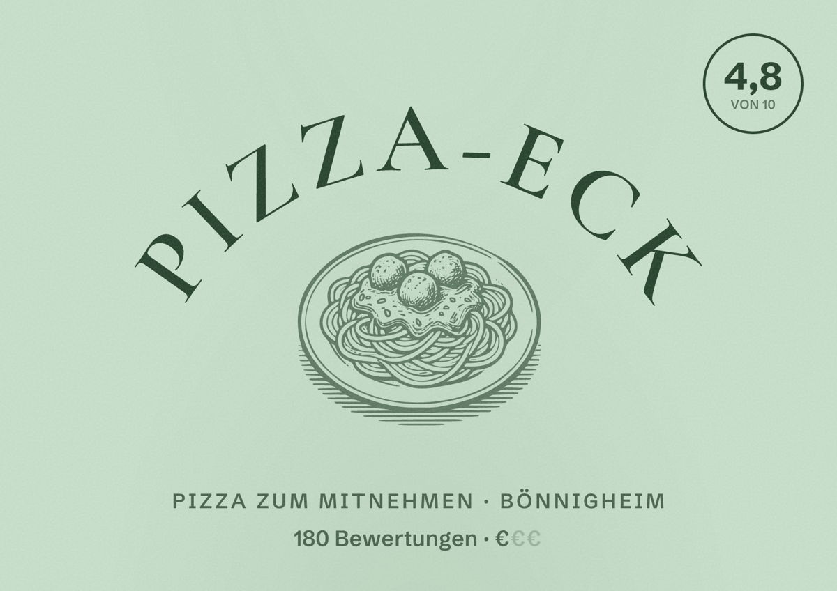 Illustriertes Poster von Pizza-Eck, Pizza zum Mitnehmen in Bönnigheim: Bewertung 4,8 von 10 aus 180 Bewertungen, Preisniveau €