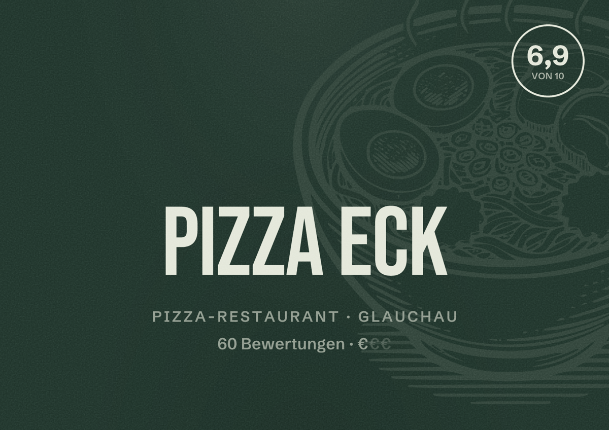Illustriertes Poster von Pizza Eck, Pizza-Restaurant in Glauchau: Bewertung 6,9 von 10 aus 60 Bewertungen, Preisniveau €