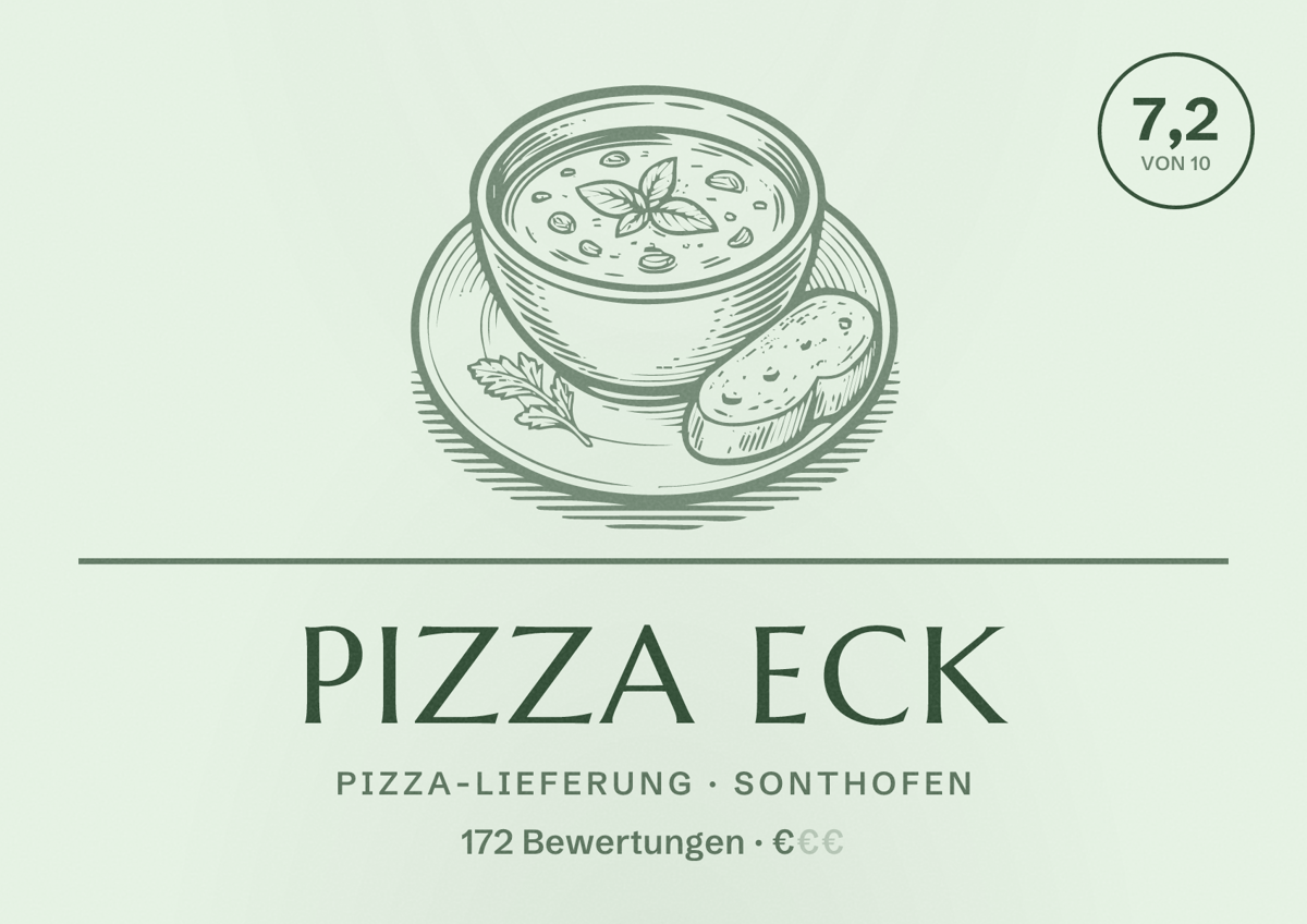 Illustriertes Poster von Pizza Eck, Pizza-Lieferung in Sonthofen: Bewertung 7,2 von 10 aus 172 Bewertungen, Preisniveau €