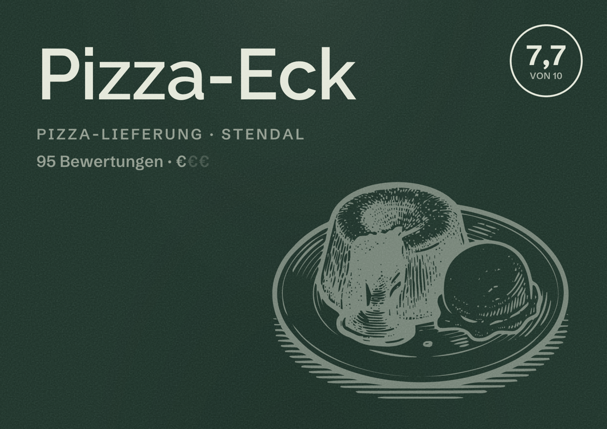 Illustriertes Poster von Pizza-Eck, Pizza-Lieferung in Stendal: Bewertung 7,7 von 10 aus 95 Bewertungen, Preisniveau €