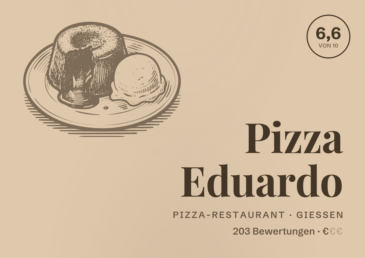 Illustriertes Poster von Pizza Eduardo, Pizza-Restaurant in Gießen: Bewertung 6,6 von 10 aus 203 Bewertungen, Preisniveau €