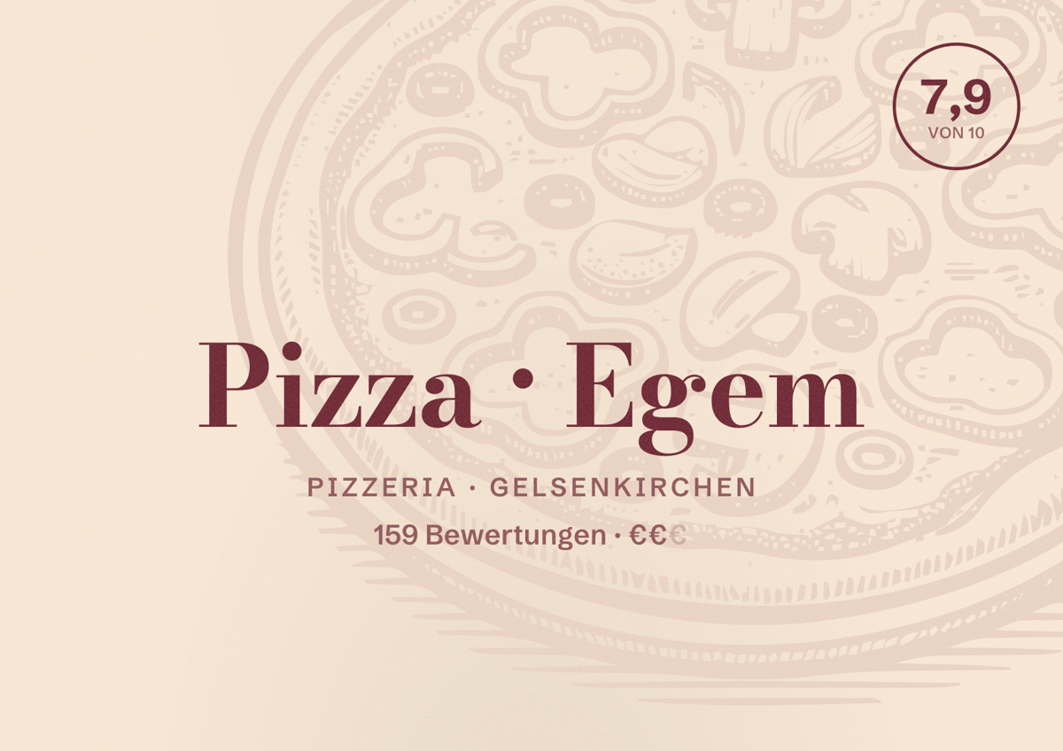 Illustriertes Poster von Pizza Egem, Pizzeria in Gelsenkirchen: Bewertung 7,9 von 10 aus 159 Bewertungen, Preisniveau €€
