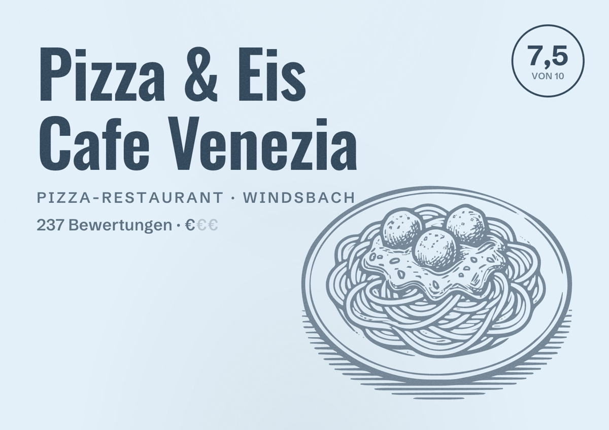 Illustriertes Poster von Pizza & Eis Cafe Venezia, Pizza-Restaurant in Windsbach: Bewertung 7,5 von 10 aus 237 Bewertungen, Preisniveau €
